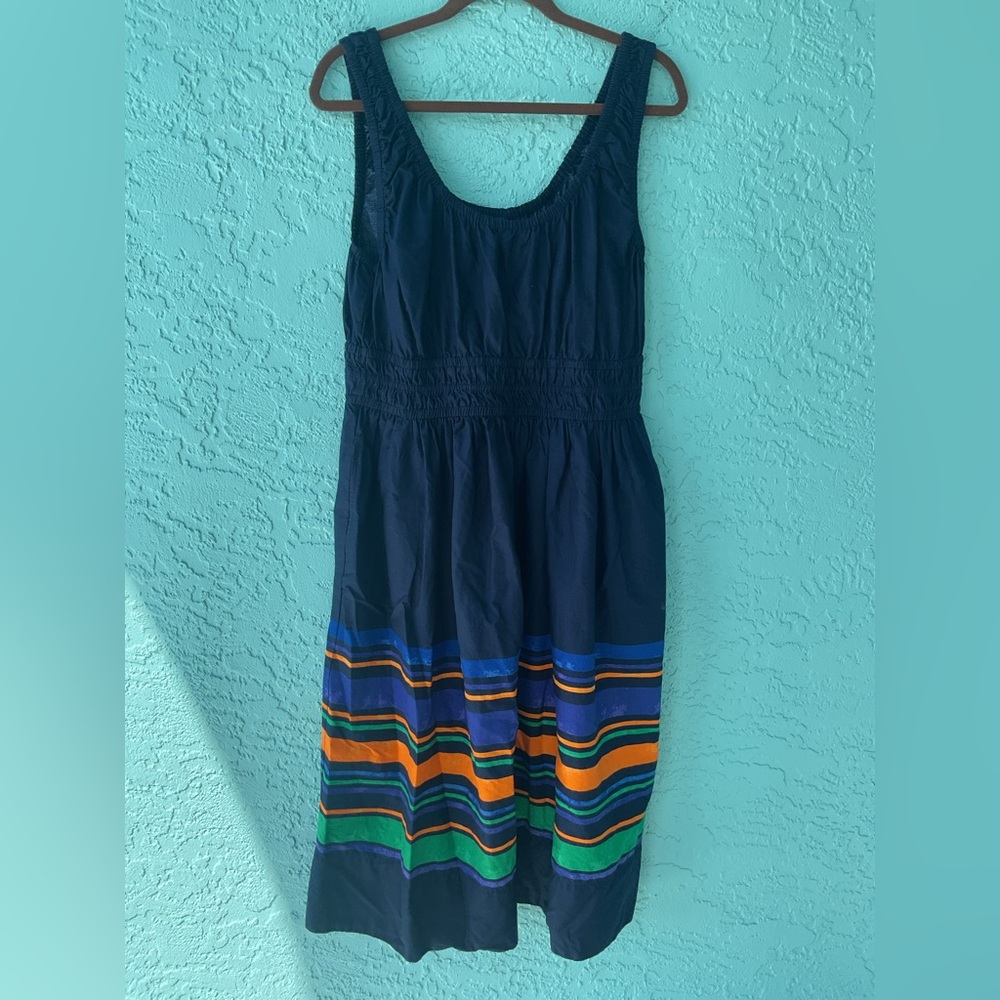 Lands' End 100% Cotton Navy Dress with Colorful Stripes size 14-16